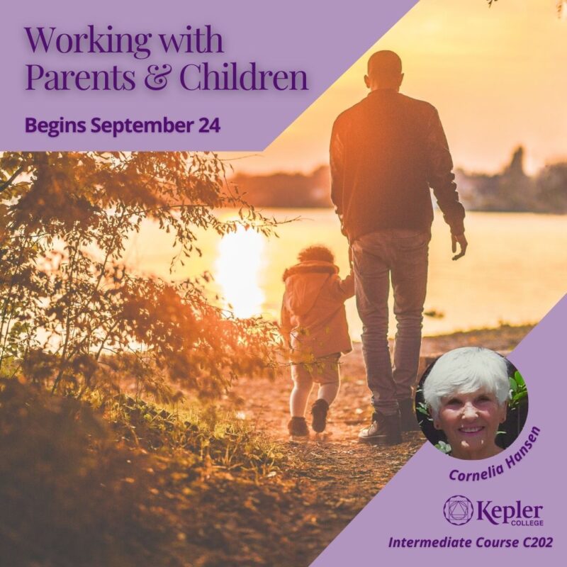Father and child holding hands, walking along lake at sunset, portrait of Cornelia Hansen, Kepler College logo
