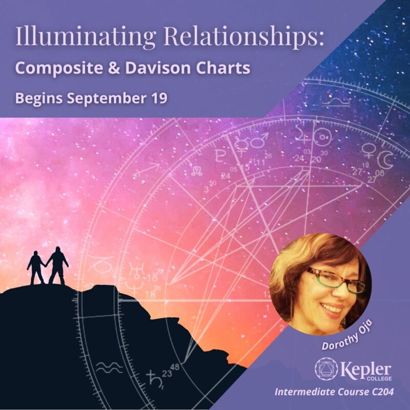 Two silhouette figures standing on top of mountain at sunset holding hands, starry sky, Davison composite chart, portrait of Dorothy Oja, Kepler College logo