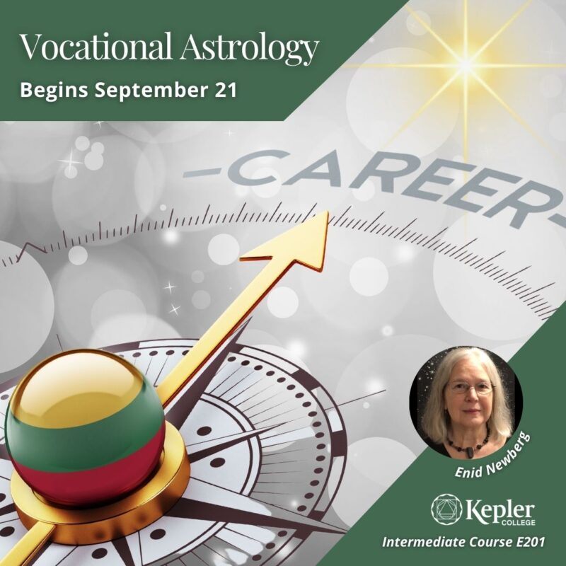 Shiny gold, red, green compass, arrow pointing to word career and golden star, portrait of Enid Newberg, Kepler College logo