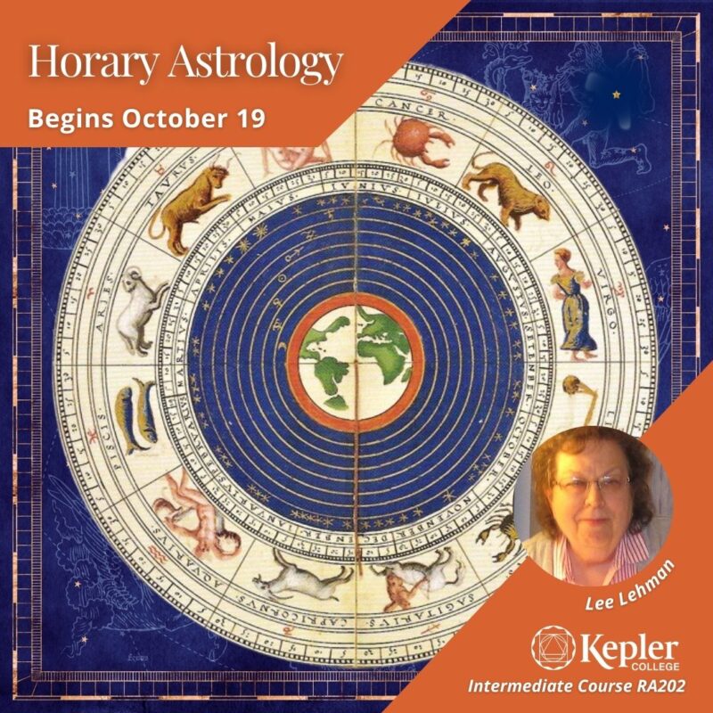 Renaissance manuscript drawing of globe inscribed in layers of planetary spheres, zodiac symbols, constellations, portrait of Lee Lehman, Kepler College logo