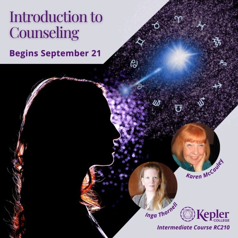 Silhouette of woman's profile, blue and purple light beaming down through zodiac wheel, portraits of Karen McCauley and Inga Thornell, Kepler College logo