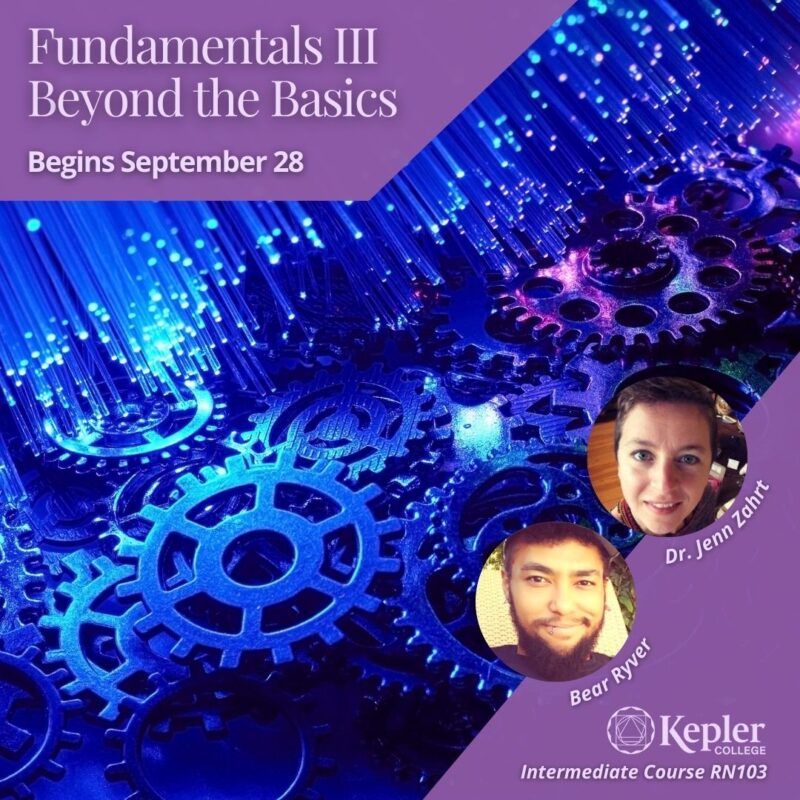 Glowing blue and purple gears, morphing into light beams, portraits of Dr. Jenn Zahrt and Bear Ryver, Kepler College logo