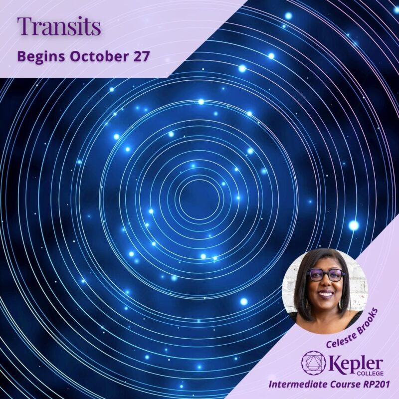 Concentric glowing light blue rings, lights traveling along them on dark background, portrait of Celeste Brooks, Kepler College logo