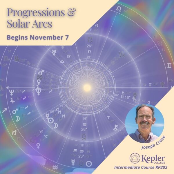 Biwj=heel astrology charts showing progressions to natal, glowing sun at center raditaing lines, rainbow prism at edges, portrait of Joseph Crane, Kepler College logo