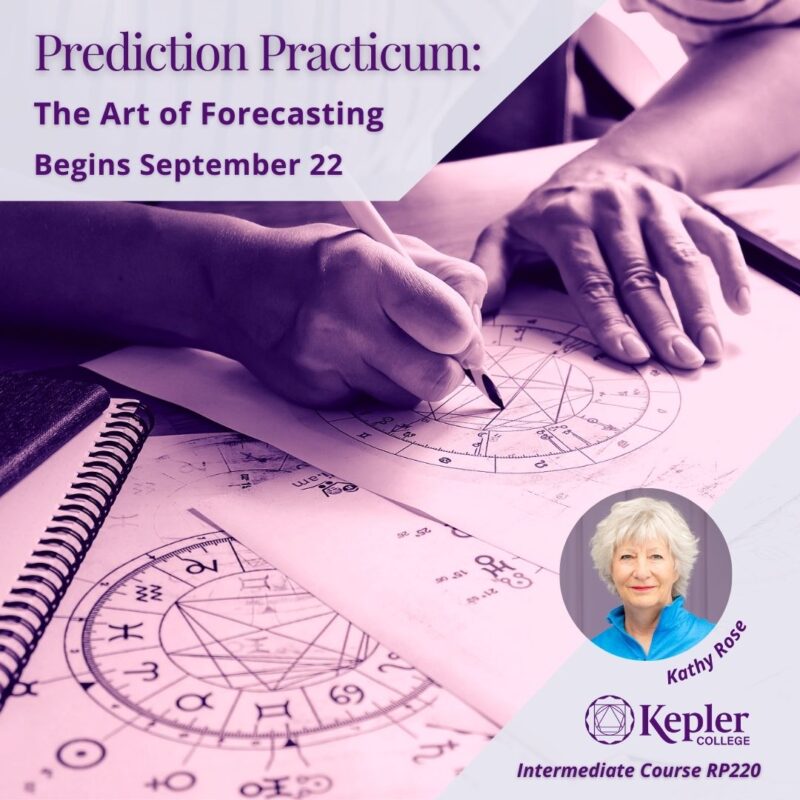 Photograph of person making notes on astrological charts, portrait of Kathy Rose, Kepler College logo