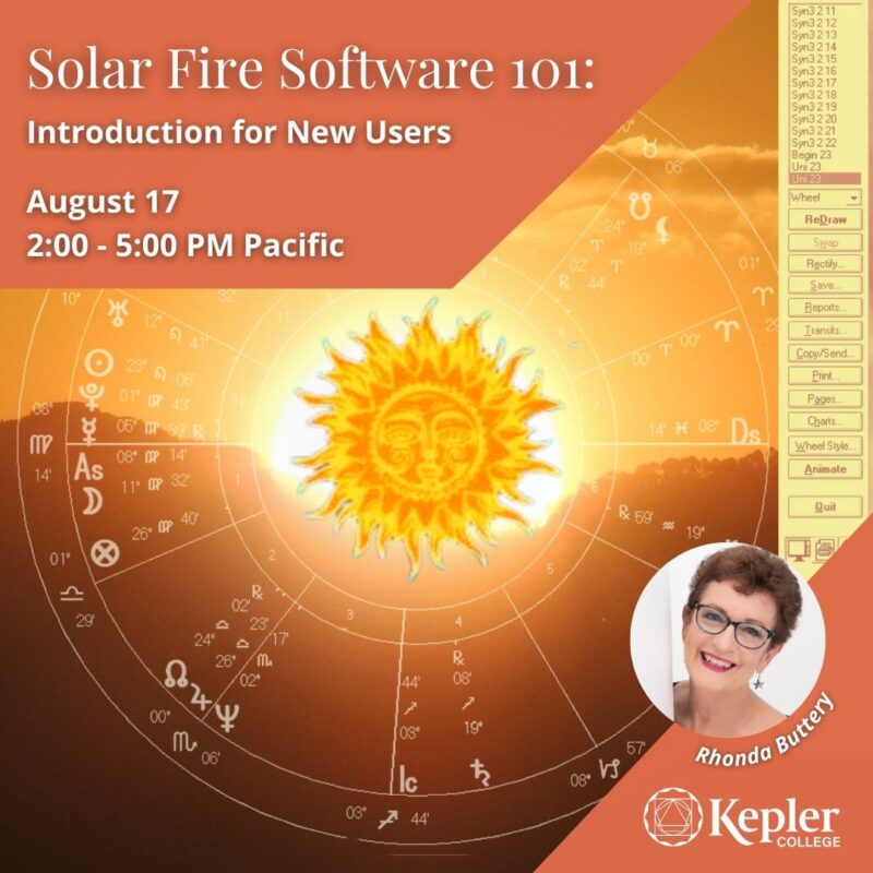 Golden sunrise over mountain, solar fire software chart and utlity bar graphic, solar fire sun icon, portrait of Rhonda Buttery, Kepler College logo