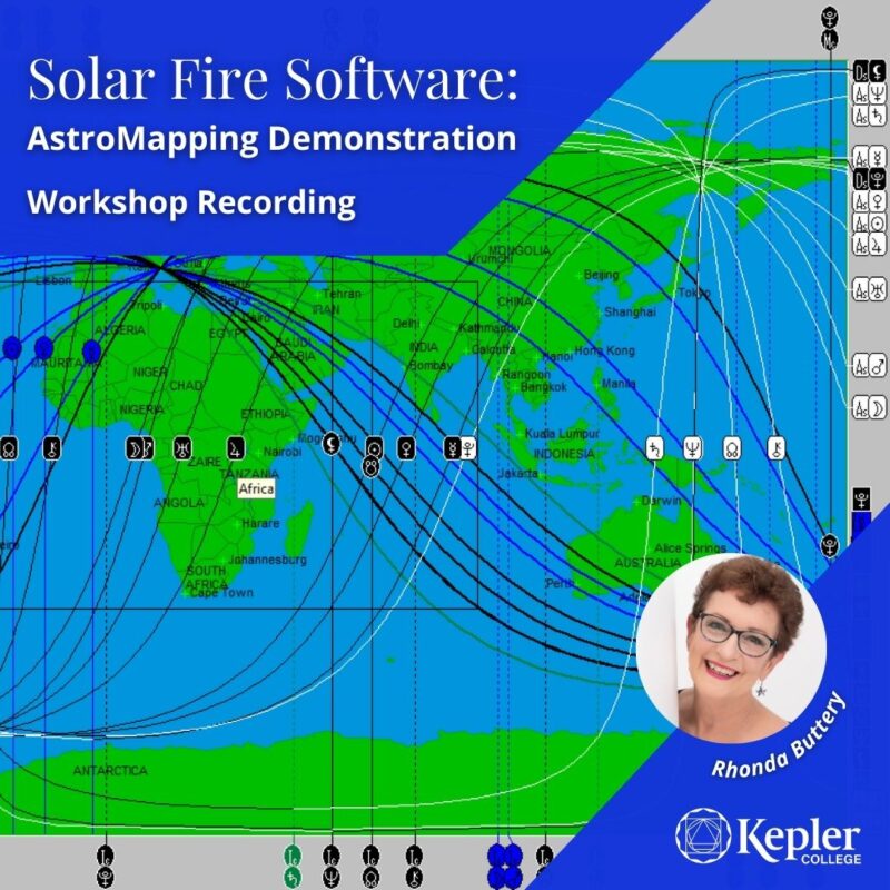 Astro*Carto*Graphy map as seen in Solar Fire Software, with continents and planetary lines, portrait of Rhonda Buttery, Kepler College logo