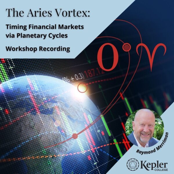 Earth from space, digital markets graph, planetary orbits, zero degree and aries glyph, portrait of Raymond Merriman, Kepler College logo