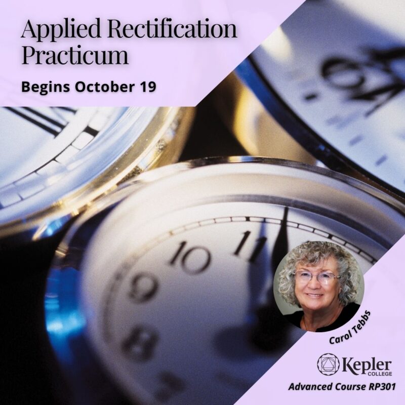 Photograph of several analog clocks, with white and black faces, clock hands set to different times, silver reflective bevels, portrait of Carol Tebbs, Kepler College logo