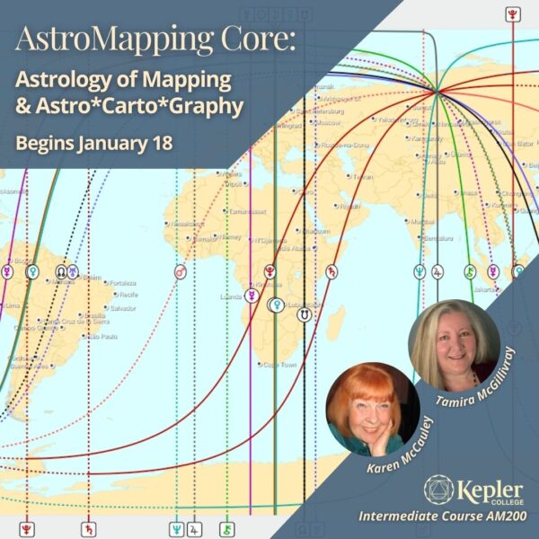 AstroMapping world map with planetary lines, glyphs for planets, crossing continents, portraits of Tamira McGillivray and Karen McCauley, Kepler College logo