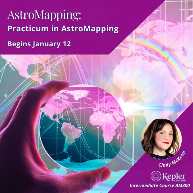 Hand holding a globe with clear astromapping planetary lines and continents, against larger astromap, shades of magenta and teal, light flare with rainbow arc behind the globe, portrait of Cindy McKean, Kepler College logo