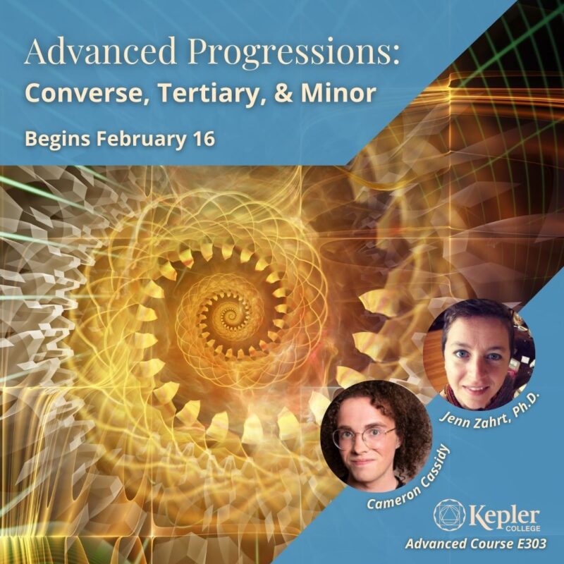 Golden spiral fractal, portrait of Jenn Zahrt, PhD, Cameron Cassidy, Kepler College logo