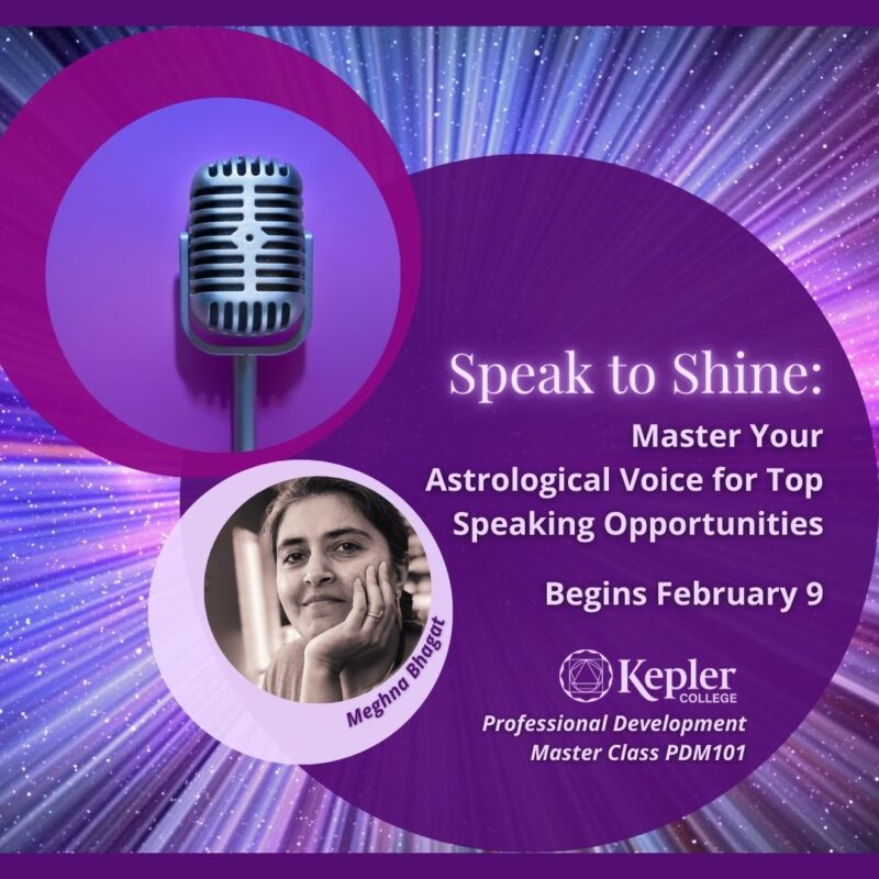 Starburst with different shades of purple circles, microphone, portrait of Meghna Bhagat, Kepler College logo