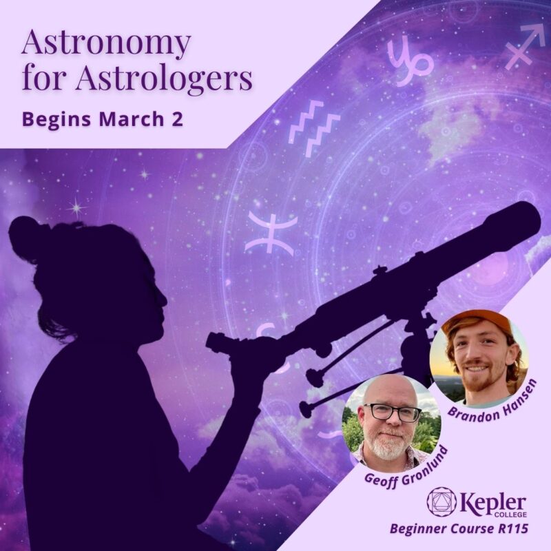 Silhouette of woman with telescope against purple night sky with stars, zodiac wheel with glyphs, portraits of Brandon Hansen and Geoff Gronlund, Kepler College logo