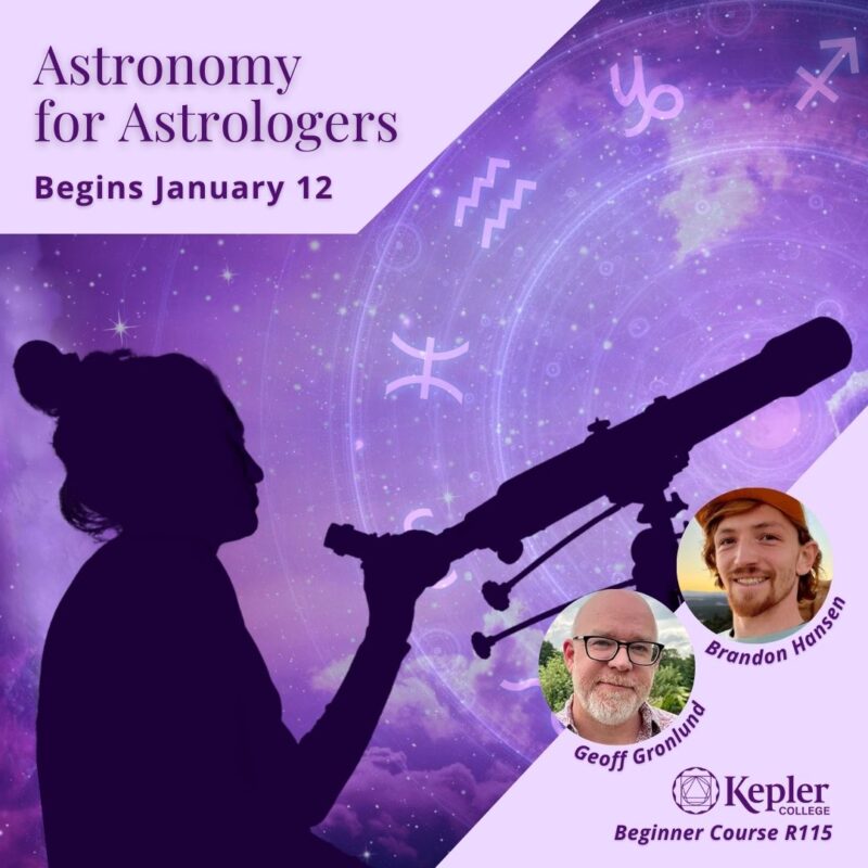 Silhouette of woman with telescope against purple night sky with stars, zodiac wheel with glyphs, portraits of Brandon Hansen and Geoff Gronlund, Kepler College logo