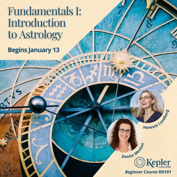 Famous Belgian public clock face, gold and aqua, showing zodiac glyphs, portraits of Denise Menton and Vanessa Lundborg, Kepler College logo