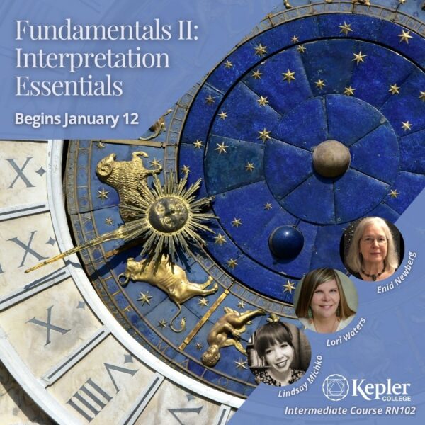 Famous public clock face with golden zodiac symbols, cobalt blue, roman numerals, portraits of Enid Newberg, Lori Waters, and Lindsay MIchko, Kepler College logo