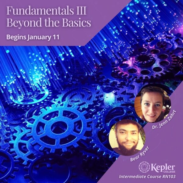 Glowing blue and purple gears, morphing into light beams, portraits of Dr. Jenn Zahrt and Bear Ryver, Kepler College logo