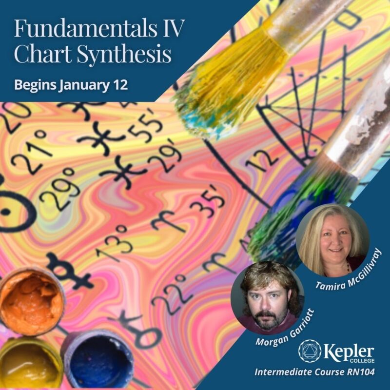 Paint brushes swirling different colors of paint together, astrology chart, portraits of Morgan Garriott and Tamira McGillivray, Kepler College logo