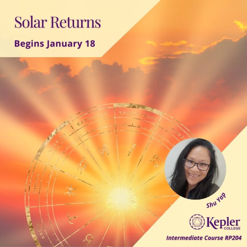 Sunset, with orange and purple clouds, sun shooting off rays through golden zodiac wheel, portrait of Shu Yap, Kepler College