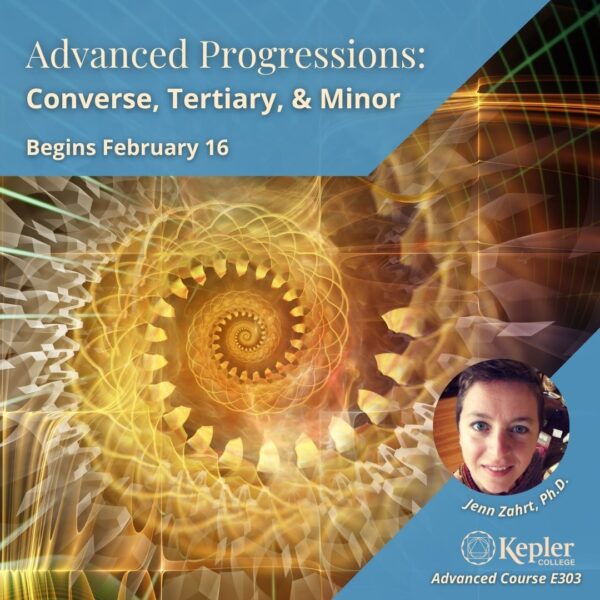 Golden spiral fractal, portrait of Jenn Zahrt, PhD, Kepler College logo