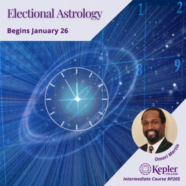 Three dimensional calendar in space, dark blue, warp speed light trails from stars, clock face on a date square, ethereal circles around it, portrait of Omari Martin, Kepler College logo