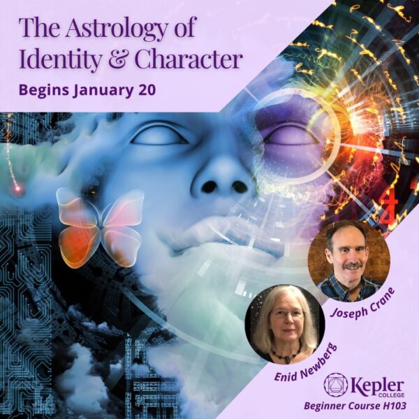 Ethereal cosmic face in clouds, circular energetic imprint, glowing butterfly, the soul entering through the astrology chart into 3d, portraits of Enid Newberg and Joseph Crane, Kepler College logo