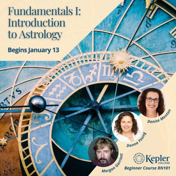 Famous Belgian public clockface with zodiac glyphs, shades of gold and teal, portraits of Donna Young, Denise Menton, and Morgan Garriott, Kepler College logo