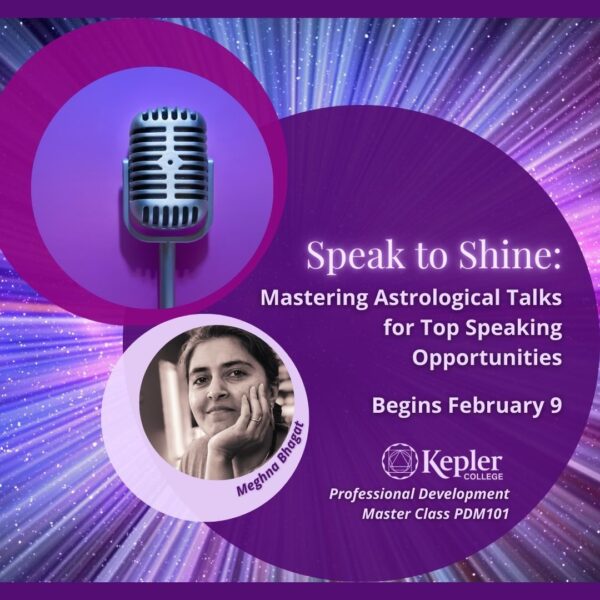 Starburst with different shades of purple circles, microphone, portrait of Meghna Bhagat, Kepler College logo