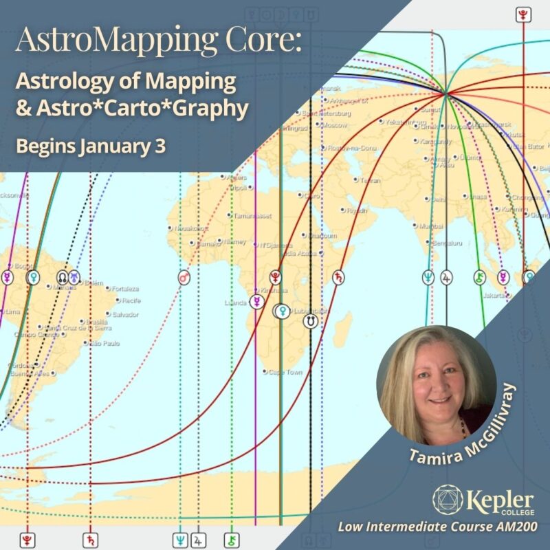 AstroMapping world map with planetary lines, glyphs for planets, crossing continents, portrait of Tamira McGillivray, Kepler College logo