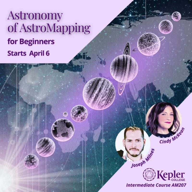 Astromap of continents and planetary lines against starry sky, illustrations of the planets lined up on diagonal, sun beaming from corner, portraits of Cindy McKean and Joseph Milnes, Kepler College logo