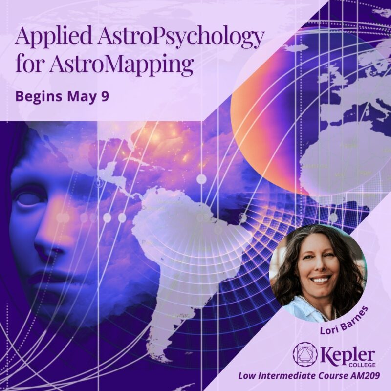 Silhouette of face with planets, AstroCartoGraphy map with planetary lines, continents, portrait of Lori Barnes, Kepler College logo