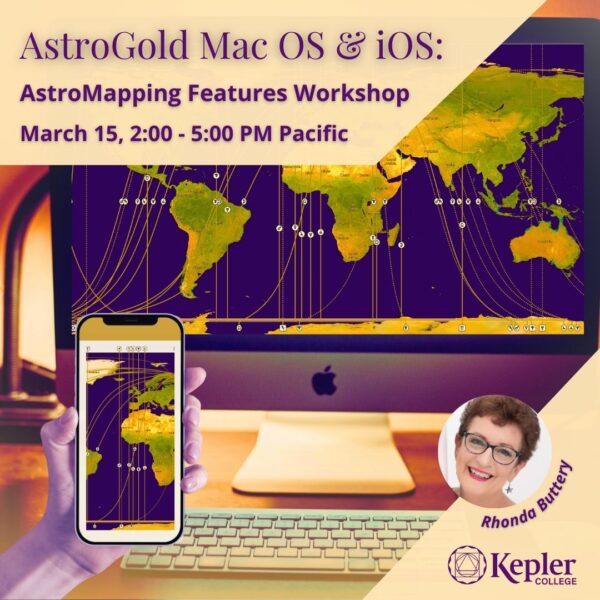 Desktop Mac computer with AstroGold mapping software on the screen, showing planetary lines and glyphs, world continents keyboard, hand holding smart phone with the AstroGold iOS astromapping app, portrait of Rhonda Buttery, Kepler College logo