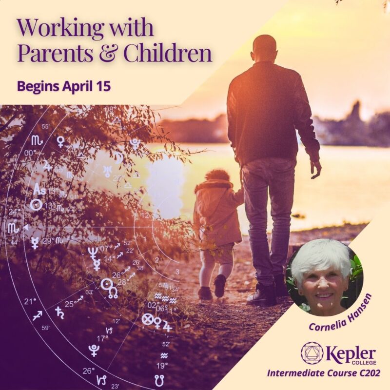 Father and child holding hands, walking along lake at sunset,astrology biwheel showing connections between both charts, zodiac glyphs, portrait of Cornelia Hansen, Kepler College logo