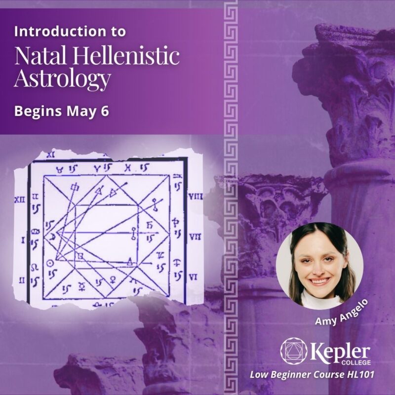 Thema Mundi chart in traditional square horoscopic chart format, four Corinthian columns graduating in size in the distance, greek decorative border "meander design," portrait of Amy Angelo, Kepler College logo