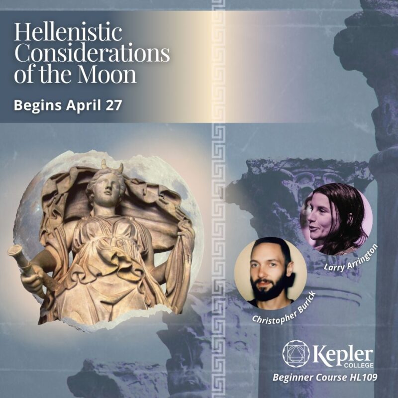 Ancient Hellenistic statute of Goddess Selene, with present headdress holding staff, set against the Moon, four Corinthian columns graduating in size in the distance, greek decorative border "meander design," portraits of Christopher Burick and Larry Arrington, Kepler College logo