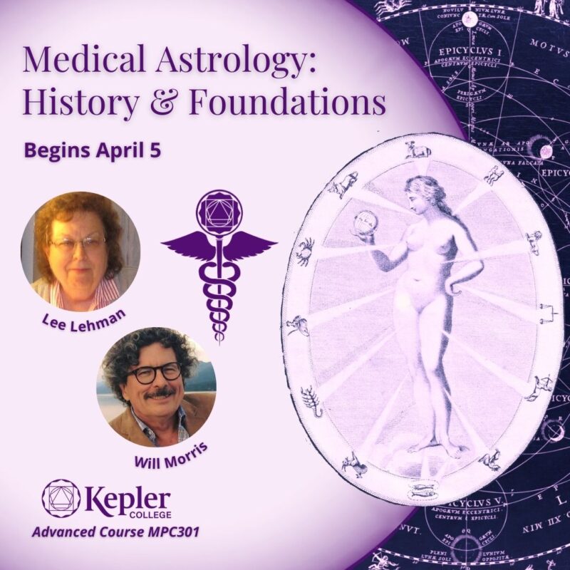 Oval drawing of Zodiac woman, showing melothesia, different zodiac symbols directing rays to assigned body parts, from vintage Renaissance Sibley engraving/illustration, inset on vintage drawing of diagram of epicycles, portraits of Lee Lehman and William Morris, Kepler College logo, Kepler College Astrology of Healing logo