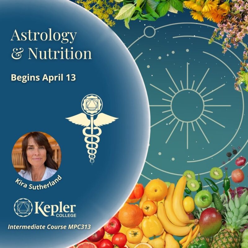 12 spoked wheel, concentric rings, framed by rainbow arrangement of fruits, vegetables, herbs against starry teal colored sky, portrait of Kira Sutherland, Kepler College logo, Kepler College Medical Progam caduceus logo