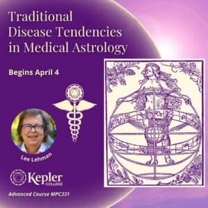 Vintage Albrecht Durer line drawing illustration of nude woman with globe encircled by zodiac symbols, Astrology of Healing program caduceus logo, portrait of Lee Lehman, Kepler College logo