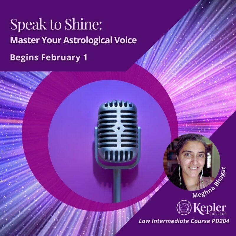 Starburst, radiating shining lines, microphone, concentric purple circles, portrait of Meghna Bhagat, Kepler College logo