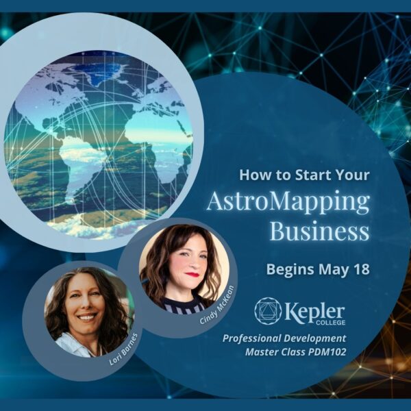 AstroMap with planetary lines and glyphs over continents, inside of sphere, glowing network, portraits of Cindy McKean and Lori Barnes, Kepler College logo