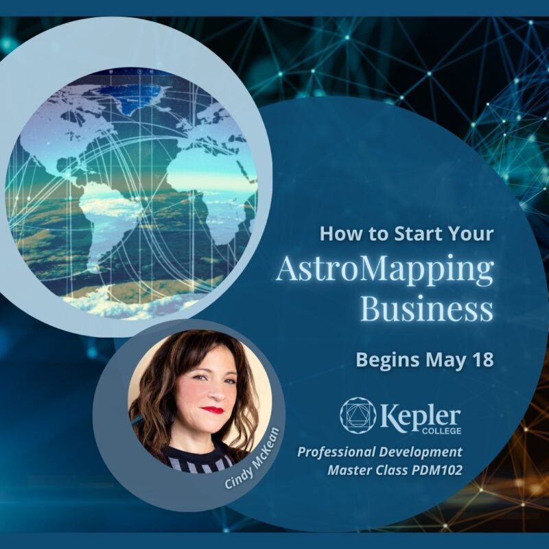 AstroMap with planetary lines and glyphs over continents, inside of sphere, glowing network, portrait of Cindy McKean, Kepler College logo