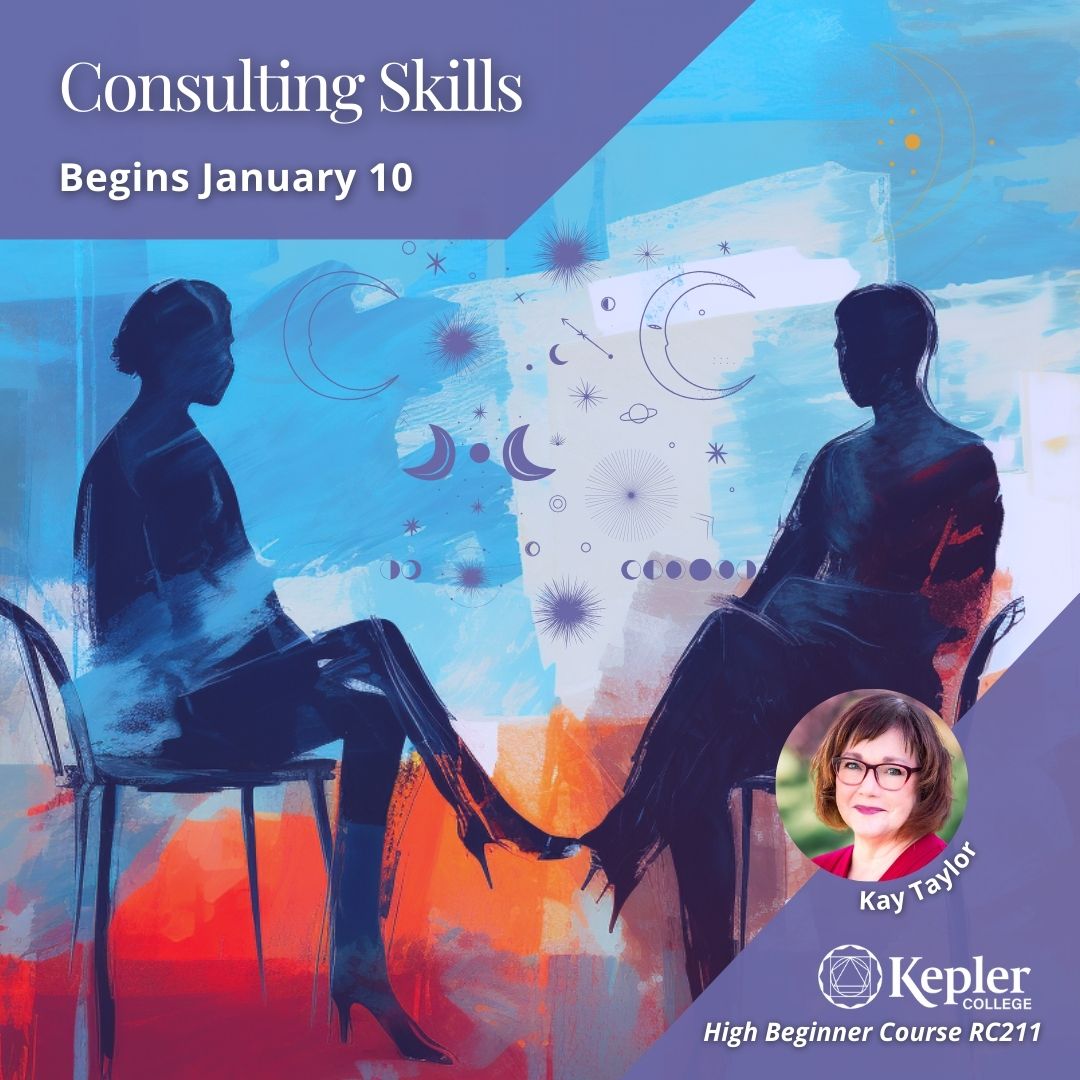 bstract expressionist painting of silhouettes of two people facing each other, sitting in chairs, in consultation session, crescent moons and stars floating between them, portraits of Kay Taylor, Kepler College logo