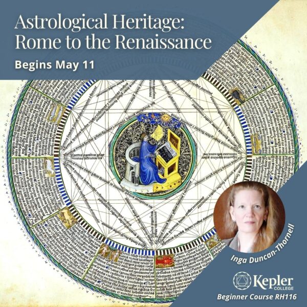 Medieval Manuscript drawing of astrologer at center of polygon of aspects, zodiac symbols, latin script, portrait of Inga Thornell, Kepler College logo