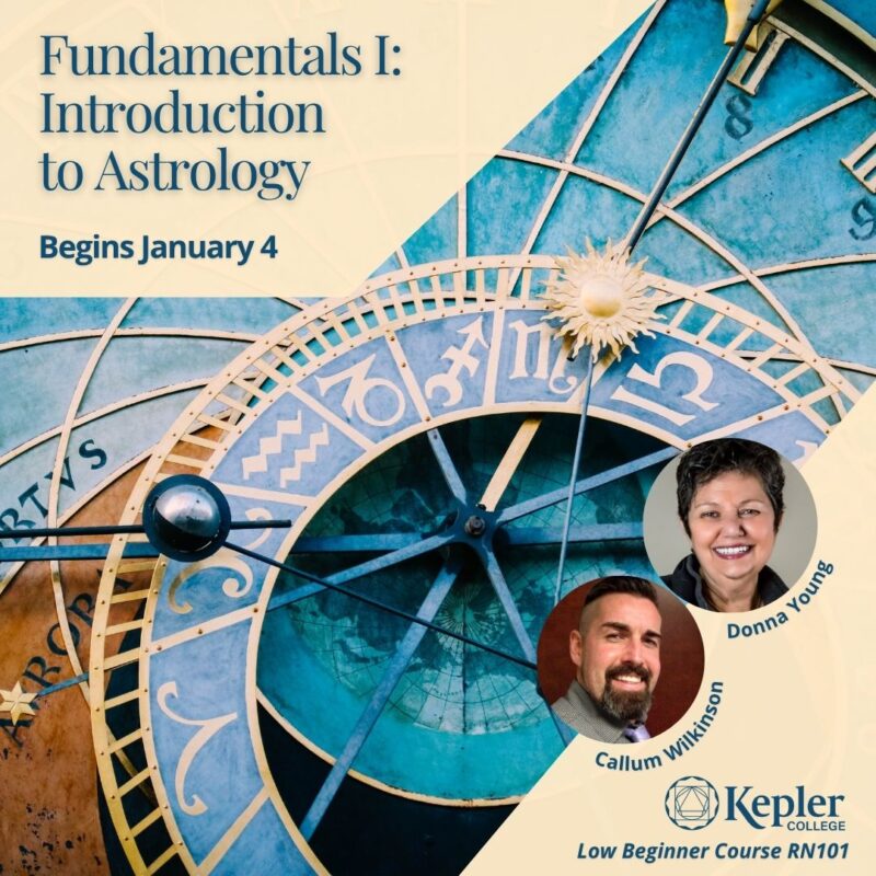 Famous Belgian clock face with zodiac glyphs, portraits of Donna Young, and Callum Wilkinson, Kepler College logo