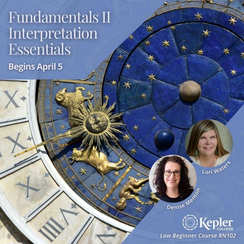 Famous public clock face with golden zodiac symbols, cobalt blue, roman numerals, portraits of Denise Menton and Lori Waters, Kepler College logo