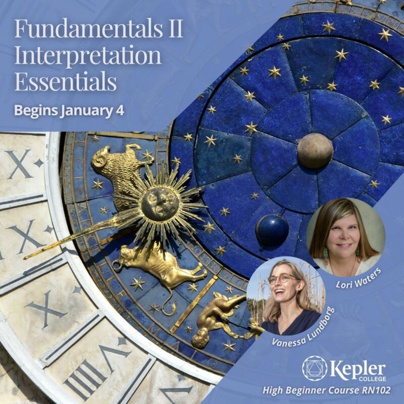 Famous public clock face with golden zodiac symbols, cobalt blue, roman numerals, portraits of Vanessa Lundborg and Lori Waters, Kepler College logo