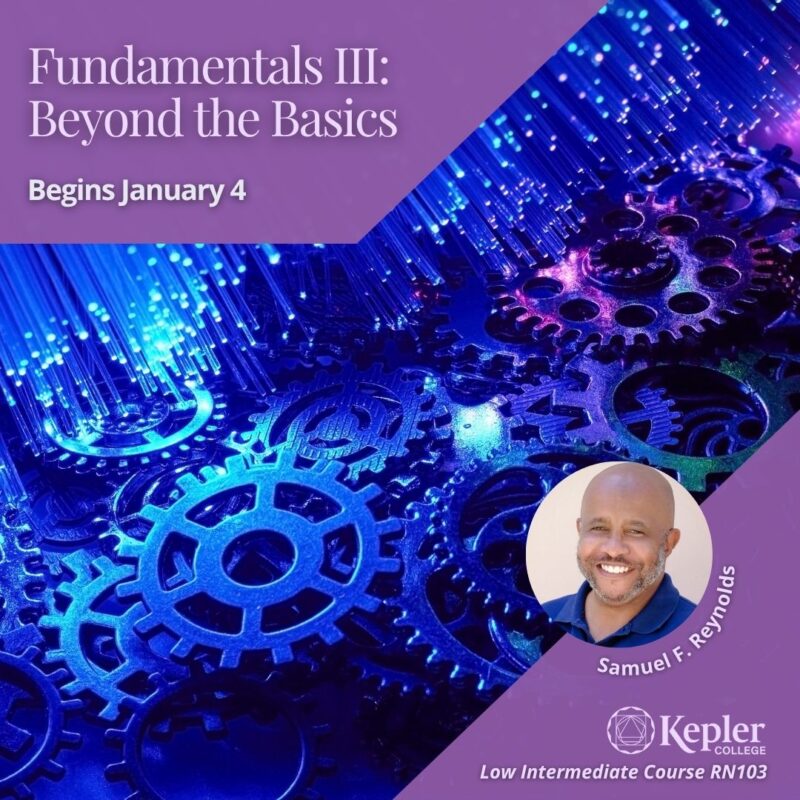 Glowing blue and purple gears, morphing into light beams, portrait of Sameul F. Reynolds, Kepler College logo