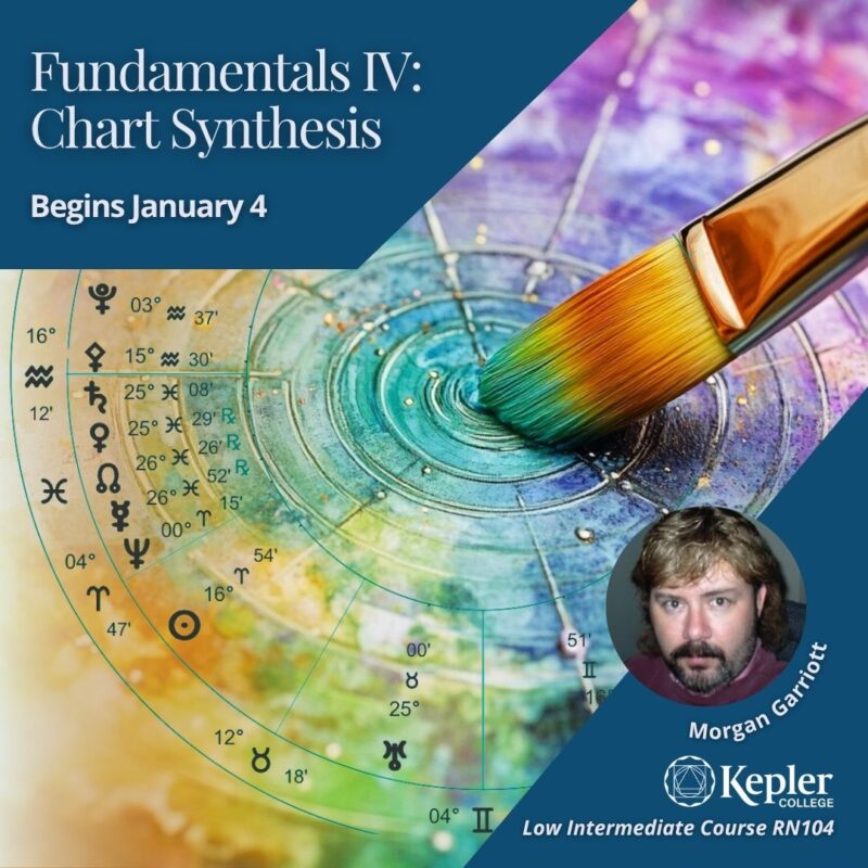 Paint brush swirling rainbow mix colors of paint together, astrology chart, portrait of Morgan Garriott, Kepler College logo
