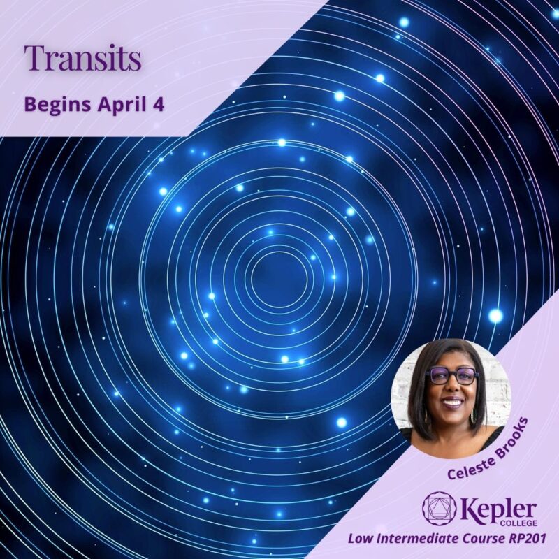 Concentric glowing light blue rings, lights traveling along them on dark background, portrait of Celeste Brooks, Kepler College logo